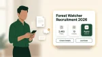 Illustration of a job aspirant checking the Forest Watcher Recruitment 2026 notification with vacancy and application details.