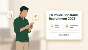 an illustration of an aspirant looking at phone screen for the TGPRB Police Constable Notification