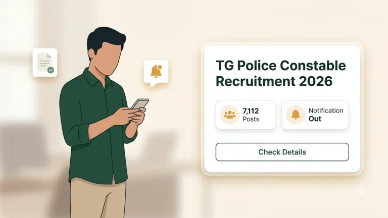 an illustration of an aspirant looking at phone screen for the TGPRB Police Constable Notification